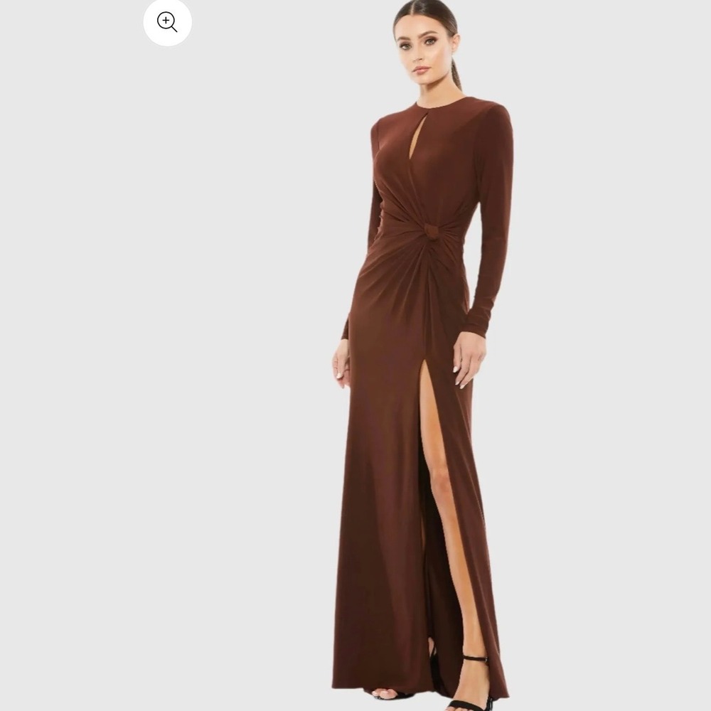 Ieena for Mac Duggal 55708 Chocolate Brown Knot Front Keyhole Draped Dress 2 NEW